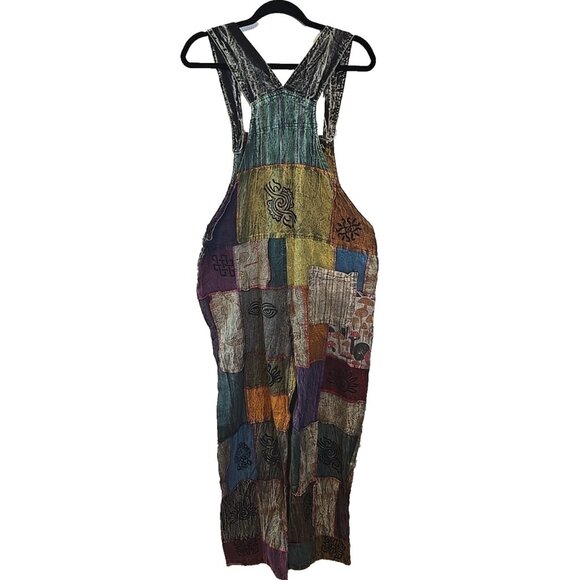 Rhea Patchwork Overalls 100% Cotton pockets adjustable shoulder strap Size L New - Picture 4 of 16